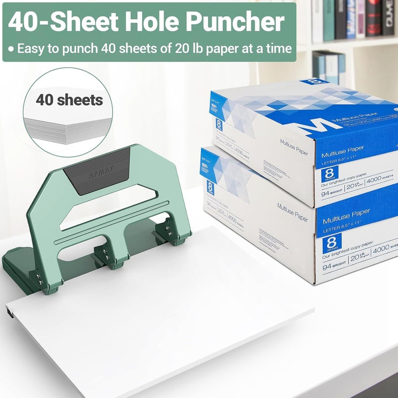 AFMAT Heavy Duty 3 Hole Puncher, 40-Sheet Three Hole Punch Heavy Duty, 50% Reduced Effort Paper Punch, 10K+ Uses, Metal Hole Puncher 3 Ring w/Large Tray, Bulit-in S.S. Paper Guide HPX2(Green) - Image 3